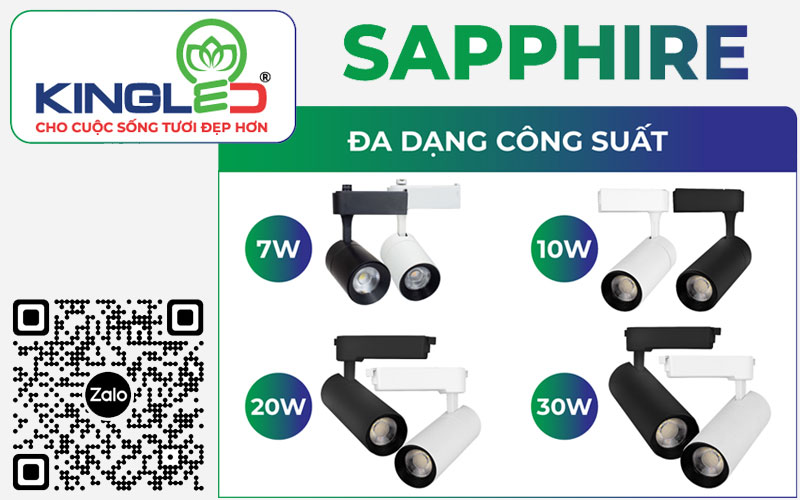 Đèn rọi ray Sapphire series thương hiệu Kingled đa dạng công suất, ánh sáng, 2 màu vỏ trắng đen